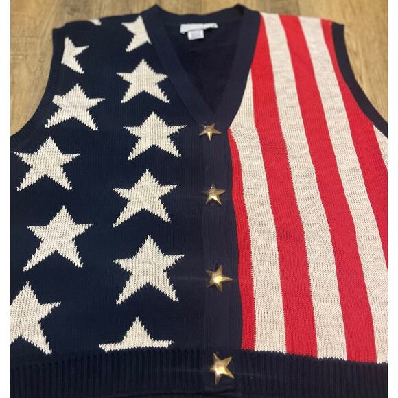 VTG Sweater Loft Sleeveless Knit Cardigan Sweater Vest USA Flag Star Stripe XL - Picture 4 of 9
